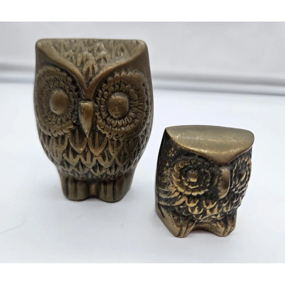 Vintage Solid Brass Owl Figurines Set of 2 Mid Century Modern Bird OWL decor